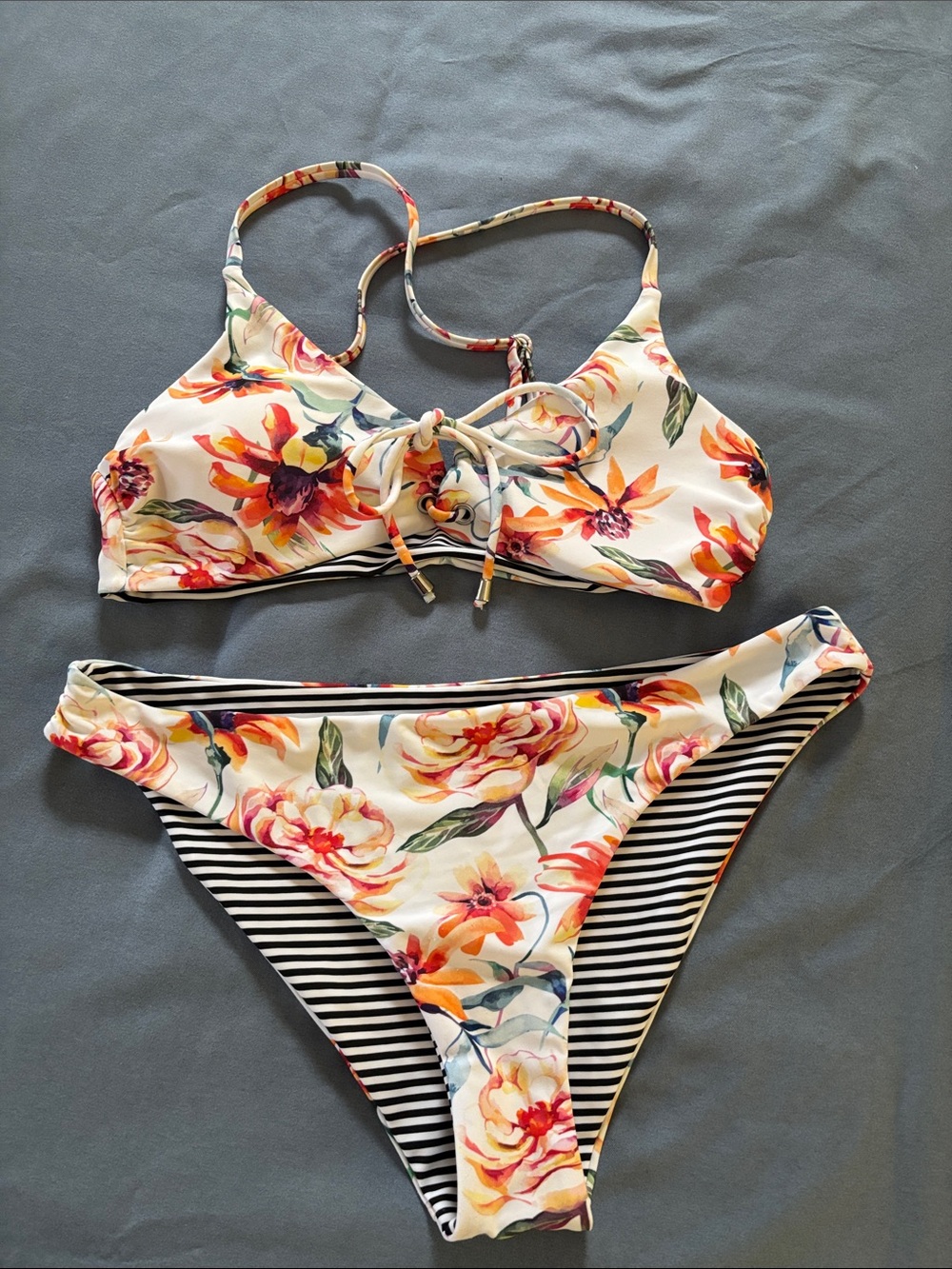 Cupshie bikini set, reversible, floral or striped in size small